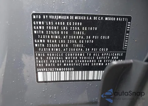 2022 Volkswagen Taos 1.5T Se из США, поврежденный, VIN 3VVPX7B27NM009009